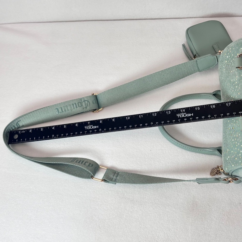 Juicy Couture Crossbody Satchel Bag Y2K Mint Green Blue Rhinestone Velour - Picture 13 of 14
